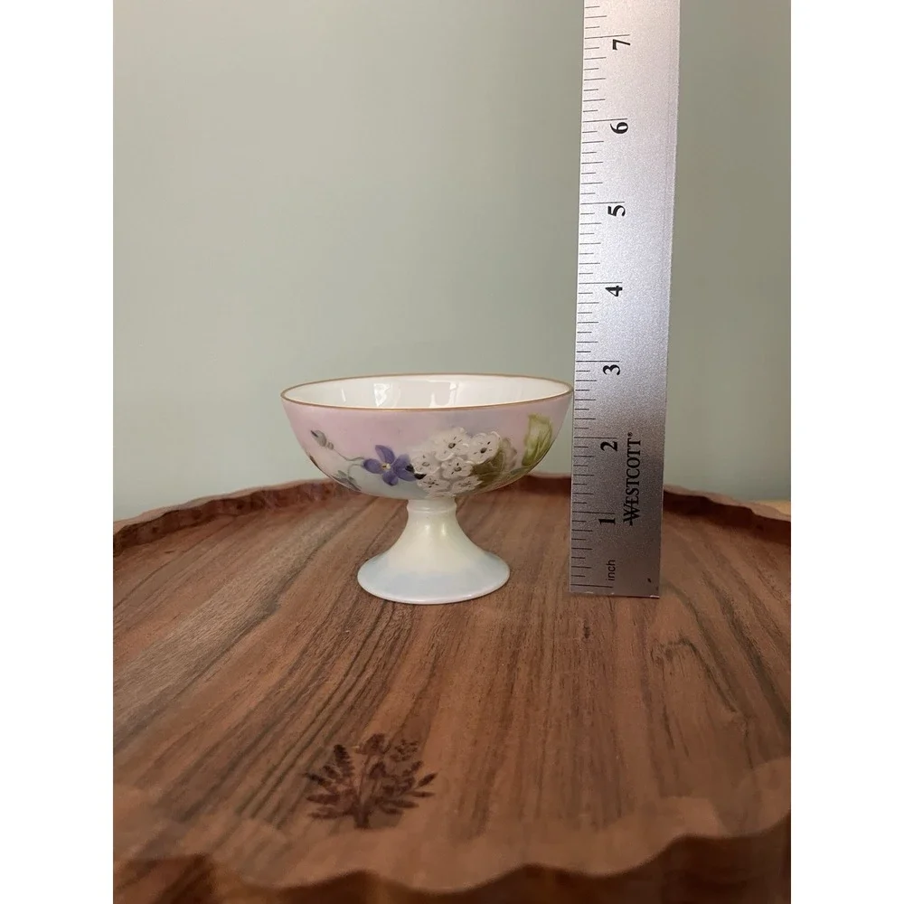 HAND-PAINTED pedestal Compote or Sherbet Dish Floral 60s Gold trim Vintage